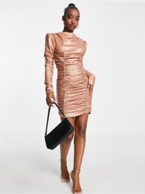ASOS Tan leather Ruched Mini Dress